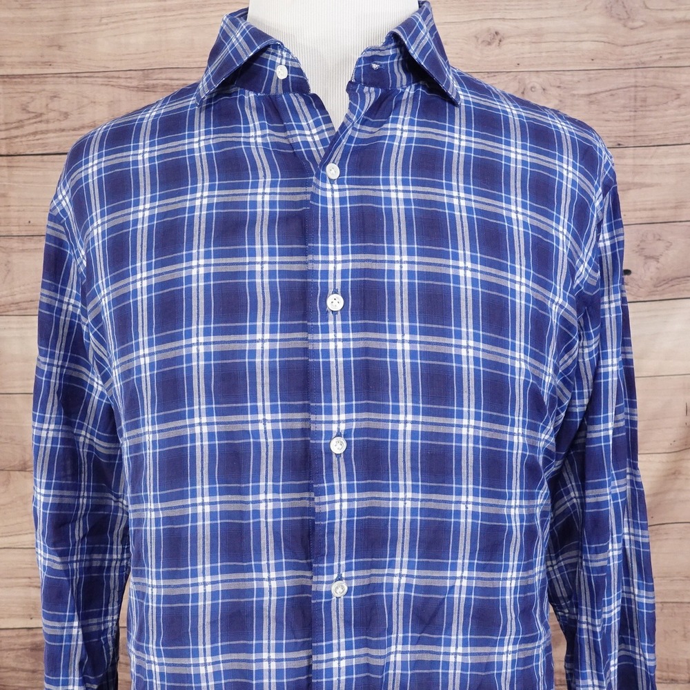PETER MILLAR COLLECTION SUMMER BOUCLE BLUE PLAID BUTTON UP SHIRT MENS SZ XL